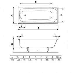 Riga 160 x 70 cm Baignoire droite en acier émaillé, sans pieds, blanc (H2340600000001)