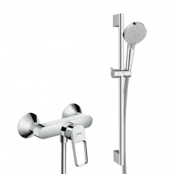 Hansgrohe Set de douche Mitigeur Logis + Douchette Vernis 2 jets + Barre de douche, Chrome  (71247000-Vernis)