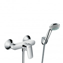 Hansgrohe Set de douche Mitigeur Logis + Douchette à main 1 jet + Flexible + Support mural, Chrome (71600000-PORTER)