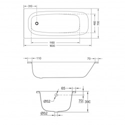  Tanza 160 x 70 x 39 cm Baignoire droite en acier émaillé, sans pieds, blanc (H2251910000001)