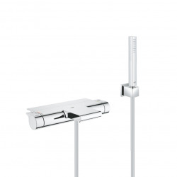 Grohe Set bain/douche mitigeur thermostatique cascade + Douchette Stick 1 jet, support mural, flexible, Chrome (34467001-CUBESTICK)