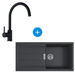 Franke Sirius Evier à encastrer 100×50cm 1 bac avec égouttoir, Tectonite, Onyx + Mitigeur col de cygne, Fragranit, Onyx