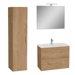 Vitra  Set Mia ensemble meuble 79x61x39,5 cm avec miroir, lavabo et éclairage LED + armoire 145x35x35 cm, Chêne