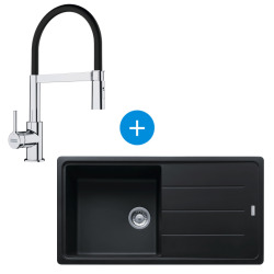 Franke Set Basis Evier 97x50cm avec égouttoir réversible, Fragranit +, Onyx + Noir mat + Mitigeur col de cygne semi-pro avec douchette