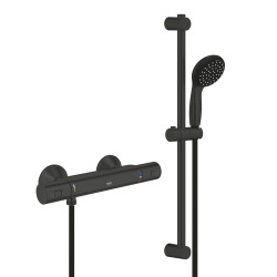 Grohe Set de douche mitigeur de douche thermostatique 1/2" + Douchette 2 jets + Barre 600 mm + Flexible, noir mat