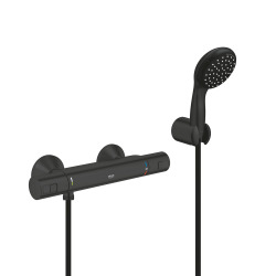 Grohe Set de douche mitigeur de douche thermostatique 1/2" + Douchette 2 jets + support mural + Flexible 1750 mm, noir mat