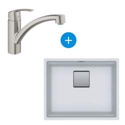 Franke Set Kubus Evier sous plan 56x46cm Fragranit+, Blanc Glace + Mitigeur Grohe Monocommande SuperSteel (125.0512.506-DC1)