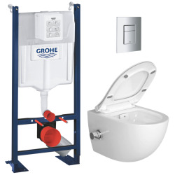 Grohe Pack WC Bâti autoportant Rapid SL + WC sans bride avec fonction bidet thermostatique + Plaque chrome (ProjectSATClean-1)