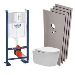 Grohe Pack WC Bâti autoportant + Cuvette SAT sans bride, fixations cachées + Plaque blanche + Set habillage (ProjectSATrimless-4-sabo)