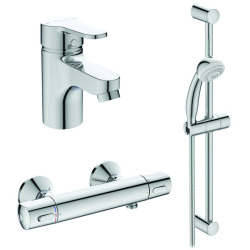 Ideal Standard Olyos Set Mitigeur thermostatique + Barre de douche 60cm avec Douchette 2 jets + Mitigeur lavabo OFFERT