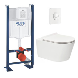 Grohe Pack WC Rapid SL autoportant + WC sans bride SAT Brevis + Abattant ultra-fin SoftClose + Plaque blanche (ProjectBrevis-3-SP)
