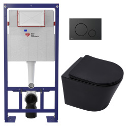 Swiss Aqua Technologies Pack WC bâti-autoportant + WC sans bride SAT Infinitio + Abattant SoftClose + Plaque noir mat (SMART-BlackInfinitio-M678)