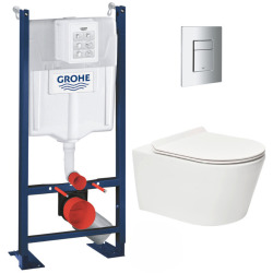 Grohe Pack WC Bâti autoportant + WC sans bride SAT Brevis + Abattant ultra-fin softclose + Plaque chrome (ProjectBrevis-1-SP)