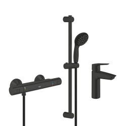 Grohe Set de douche mitigeur de douche thermostatique 1/2" + Douchette 2 jets + Barre 600 mm + Mitigeur lavabo taille M, noir mat