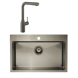 Swiss Aqua Technologies /Grohe - Set Aurum Évier de cuisine encastrable, 68x45x21 cm + Mitigeur monocommande, Gun Metal brossé