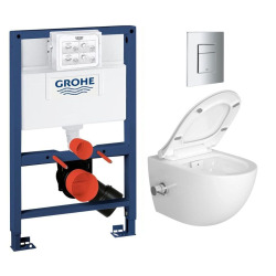 Pack WC Bâti-support + WC sans bride SAT avec bidet thermostatique + Abattant SoftClose + Plaque Chrome (RapidSL082-SATClean-1)