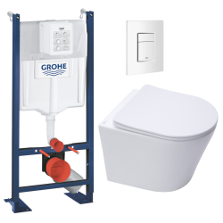 Swiss Aqua Technologies Pack WC Bâti autoportant + WC sans bride SAT + Abattant frein de chute + Plaque Blanc Alpin