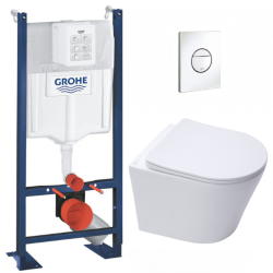 Swiss Aqua Technologies Pack WC Bâti-support autoportant + WC sans bride SAT Infinitio + Abattant softclose + Plaque blanc alpin