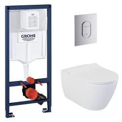 Grohe Pack Bâti-support Rapid SL + WC sans bride Bello + Abattant slim, softclose + Plaque Chrome