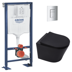 Grohe Pack WC Bâti Solido + WC sans bride SAT Noir mat + Abattant frein de chute + Plaque chrome (AUTOPORTANT-BLACKINFINITIO-1)