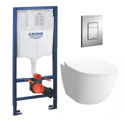 Grohe Pack WC Bâti + cuvette Sento RIM-EX (sans bride) compacte + plaque de commande chrome (GROHE-SentoRimlessCOMPACT)