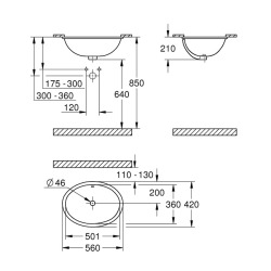 Bau Ceramic Vasque à encastrer 55 cm avec trop-plein, blanc Alpin (39423000)