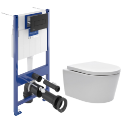 Villeroy & Boch Pack WC Bâti-support sol mur + WC SAT sans bride + Abattant SoftClose + Plaque noire (VCNSAT4)