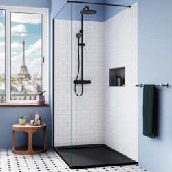 Ceramia Alda Receveur de douche 140x90cm + Siphon Eslim 90. Pierre de synthèse, noir mat (ALD15-14090N-S)