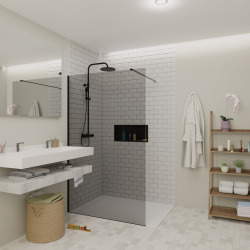 Walk-in 110x200cm Paroi en verre fumé 8 mm anticalcaire, avec bras et profilés noir mat (SATBWI110KSPRC)