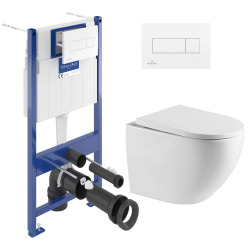 Pack WC Bâti-support Villeroy & Boch + WC sans bride SAT + Plaque de déclenchement double, Blanche (ViConnectFusionTQ-2)