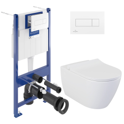 Villeroy & Boch Pack WC Bâti-support Villeroy & Boch Viconnect + WC sans bride, fixations invisibles + Abattant frein de chute + Plaque Blanche