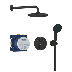 Grohe Precision Set de douche encastrée avec mitigeur thermostatique + Douche de tête + Douchette 2 jets, noir mat (G348832430)