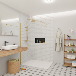 Swiss Aqua Technologies Walk-in 120x200cm Paroi en verre Crystal Glass® 8 mm anticalcaire, avec bras et profilés or (SATBWI120PRZ)