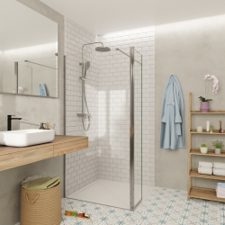 Swiss Aqua Technologies Walk-in 100x200cm Paroi et retour pivotant en verre Crystal Glass® 8 mm anticalcaire , avec bras et profilés chrome brillant