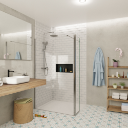 Swiss Aqua Technologies Walk-in 120x200cm Paroi et retour pivotant en verre Crystal Glass® 8 mm anticalcaire , avec bras et profilés chrome brillant