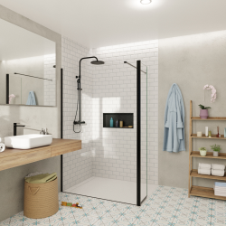 Swiss Aqua Technologies Walk-in 140x200cm Paroi et retour pivotant en verre Crystal Glass® 8 mm anticalcaire , avec bras et profilés noir mat