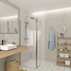 Swiss Aqua Technologies Walk-in 80x200cm Paroi et retour pivotant en verre Crystal Glass® 8 mm anticalcaire , avec bras et profilés chrome brillant