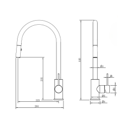  Mitigeur évier à levier sur pied 44 cm avec douchette extractible 2 jets, or brossé (SATBAUR286BG)