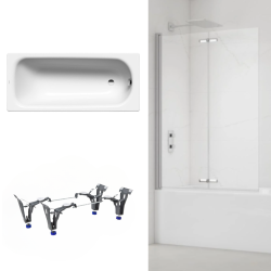 Kaldewei 180x80 cm Ensemble baignoire Saniform universelle + Pare baignoire pliable, 2 volets chrome + pieds (KW3751-SETP2)
