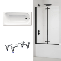 Kaldewei 170x75 cm Ensemble baignoire Saniform universelle + Pare baignoire pliable, 2 volets noir + pieds (KW3731-SETP4)