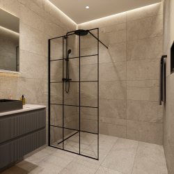 Ceramia Walk-in 100x200cm paroi en 8 mm anticalcaire sérigraphiée, avec bras et profilés noir mat (CERABWISR01-100B)