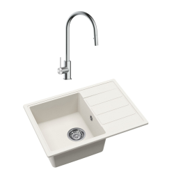 Swiss Aqua Technologies 62x44 cm évier avec égouttoir réversible en granite à encastrer + mitigeur avec douchette 2 jets, blanc (SATSINKGE2W-SET1)