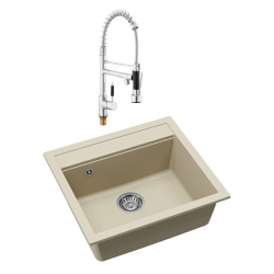56,5x51cm évier en granite à encastrer + mitigeur à bras pivotant, 2 jets, jasmin (SATSINKGQQ100J-SET2)