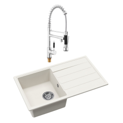 Swiss Aqua Technologies 76x44 cm évier avec égouttoir réversible en granite à encastrer + mitigeur à bras pivotant 2 jets, blanc (SATSINKGE3W-SET2)