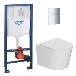 Grohe Pack WC bâti-support Rapid SL + WC suspendu sans bride + abattant SoftClose + plaque chrome, blanc (RAPIDSL-CETOR)