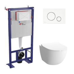 Pack WC bâti-autoportant + WC SAT sans bride fixations invisibles + Abattant softclose + Plaque blanche (SMART-SATrimless-9)