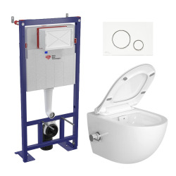 Pack WC bâti-autoportant + WC sans bride Infinitio fonction bidet thermostatique + Abattant softclose + Plaque blanche/chrome