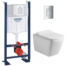 Grohe Pack WC Bâti autoportant + WC sans bride SAT Infinitio Design + Abattant softclose + Plaque chrome mat