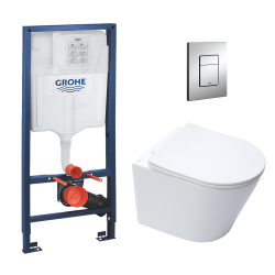 Grohe Pack WC Bâti-support + Cuvette SAT Infinitio sans bride blanc mat + Abattant frein de chute + Plaque Chrome