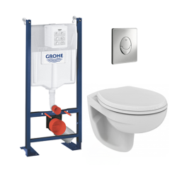 Grohe Pack WC Bâti autoportant avec Cuvette Porcher rimless + Abattant + Plaque chrome (ProjectPorcher-2)